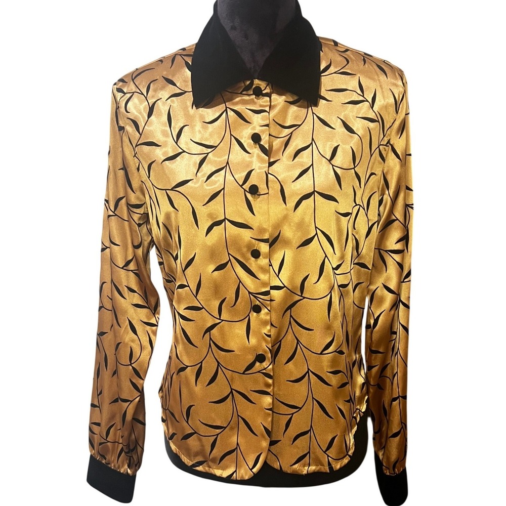 90s Vintage Chic Gold Satin Black Vine Velvet Leaf Print Blouse Womens Size 8